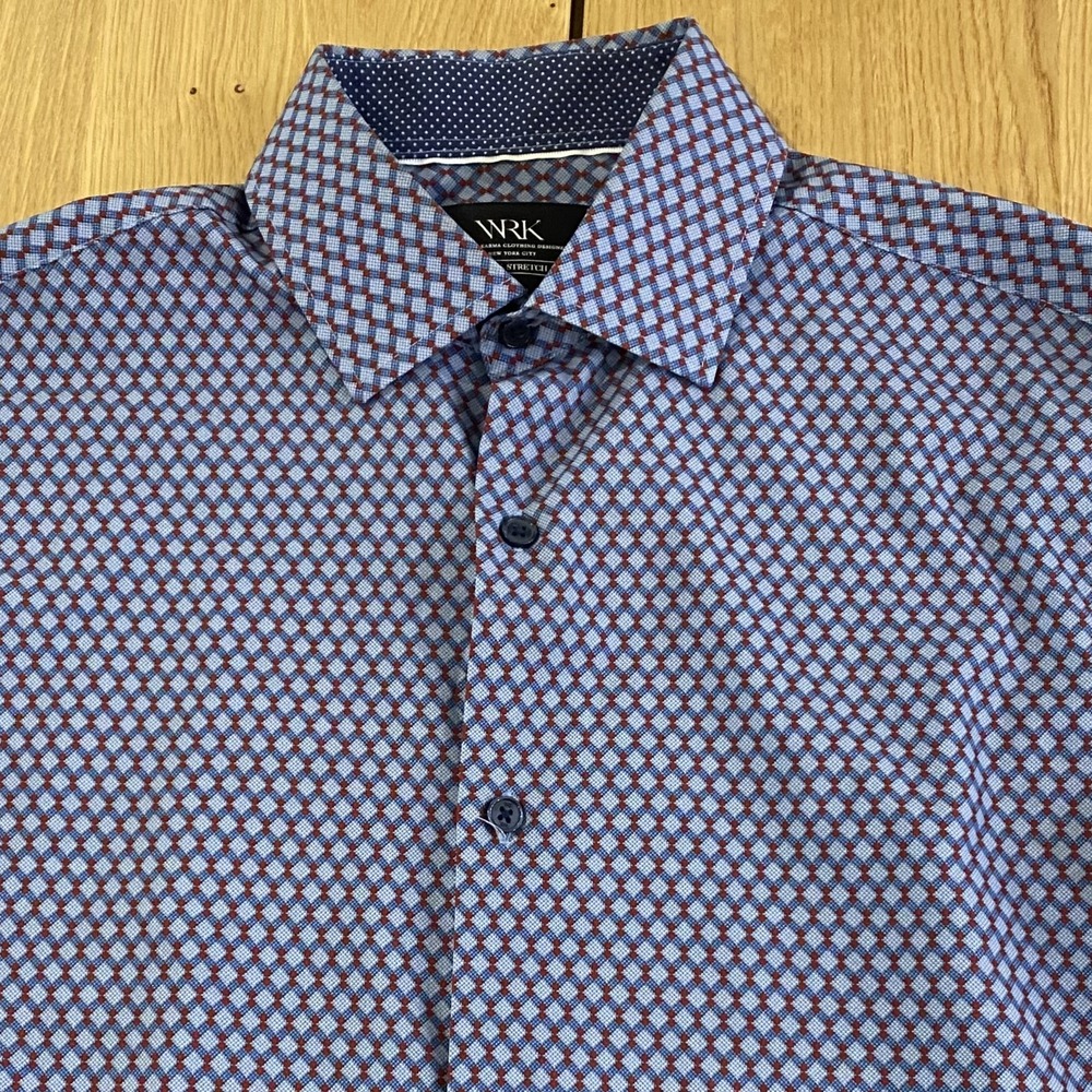 WRK Shirt Mens 15 Blue Micro Check Button Up Long Sleeve 4 Way Stretch Modern*